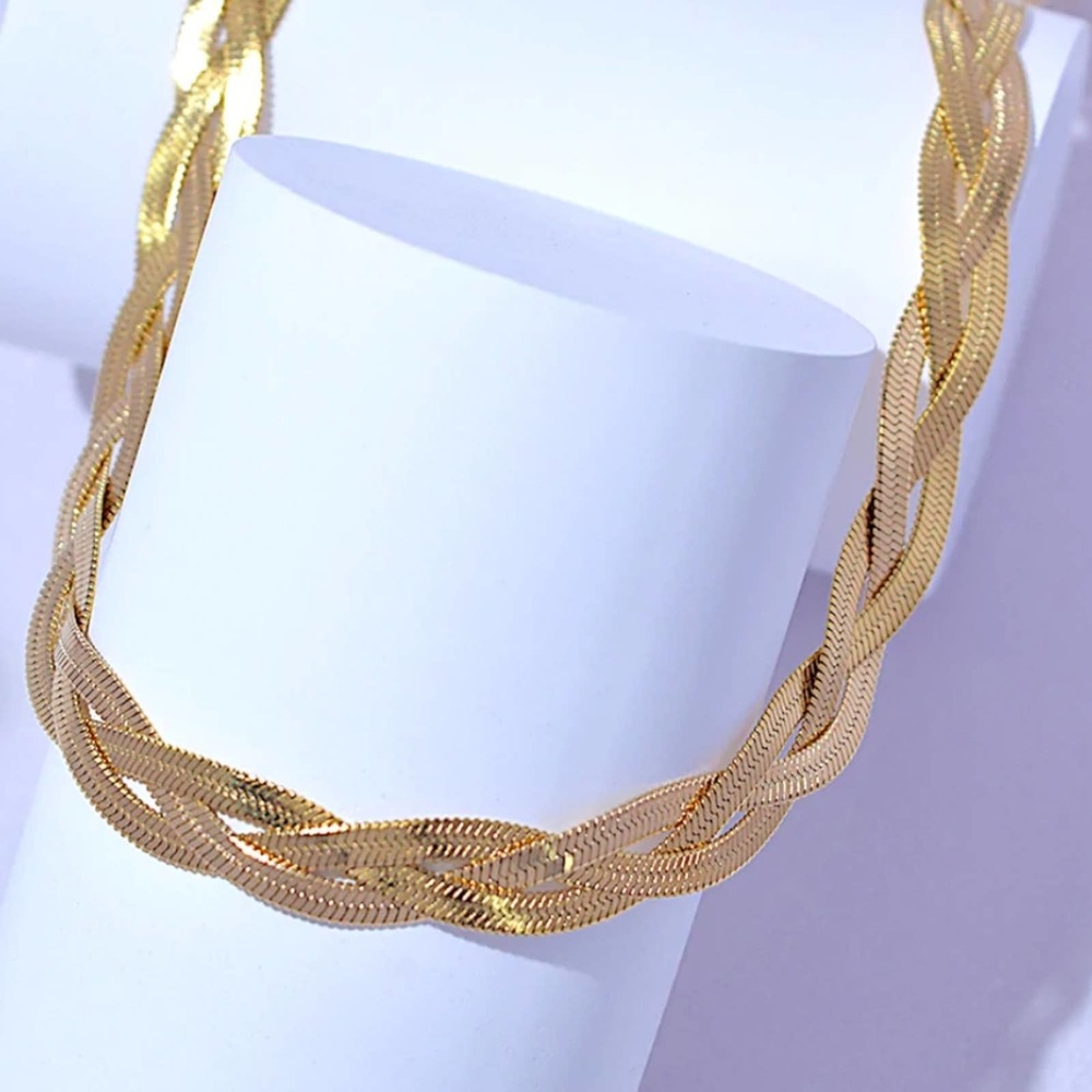 GOLD BRAIDED HERRINGBONE NECKLACE - Picture 4 of 5